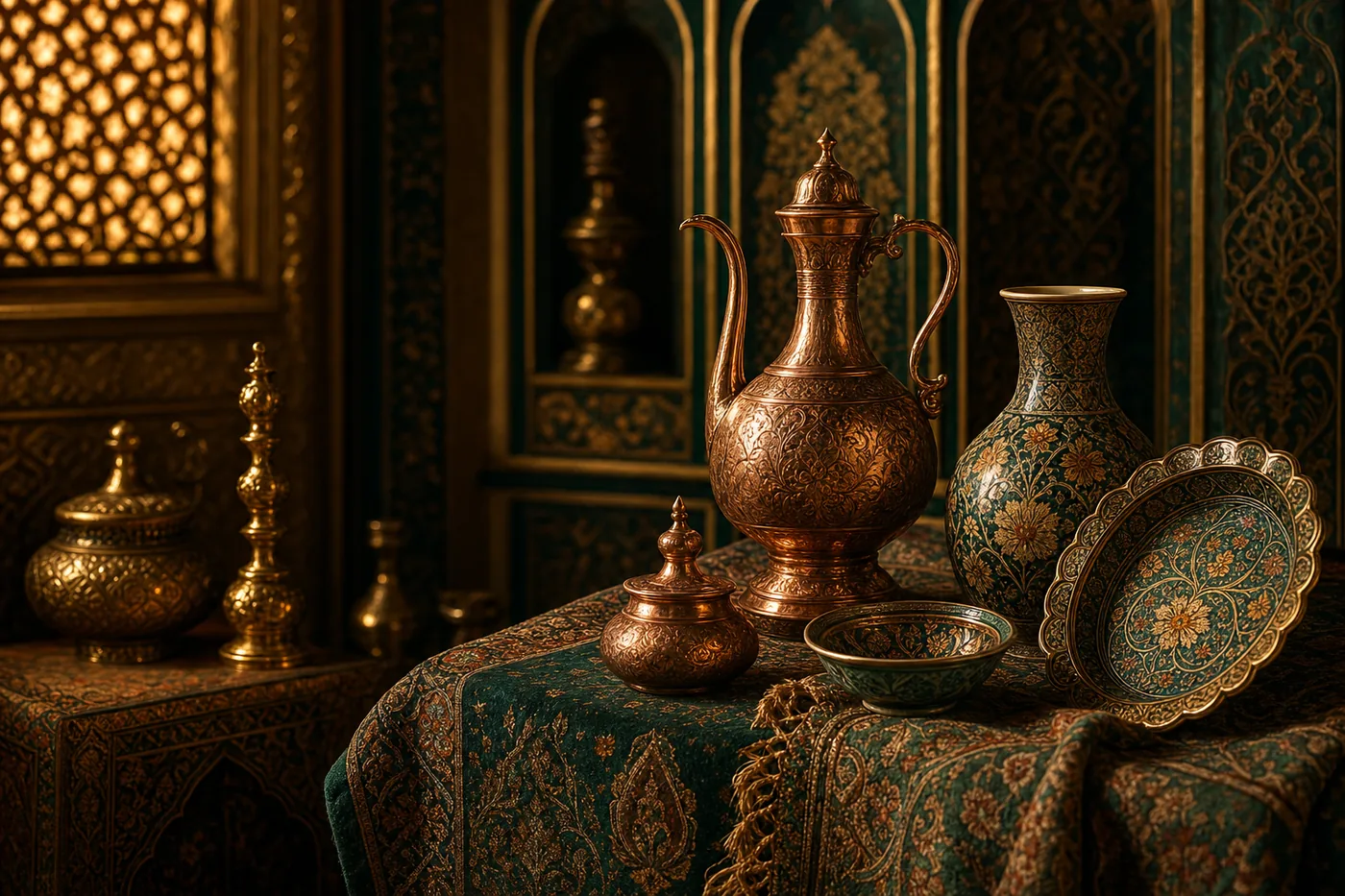گلاب و عرقیات در شیشه و نور گرم